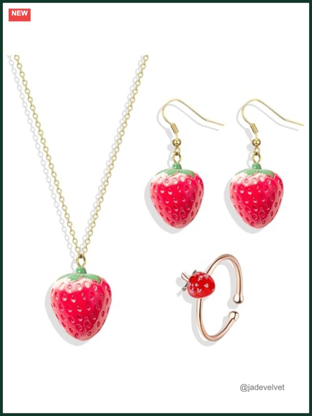 Strawberry Jewelry Set Necklace Earrings Bracelet Ring Women Costume